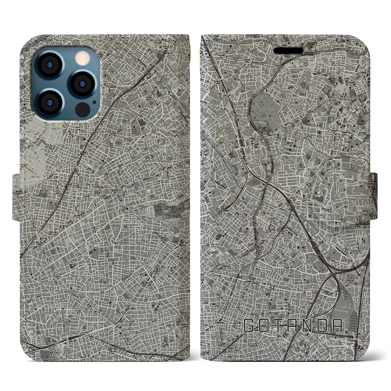 【五反田(東京都)】地図柄iPhoneケース(手帳タイプ)モノトーン・iPhone 12 / 12 Pro 用