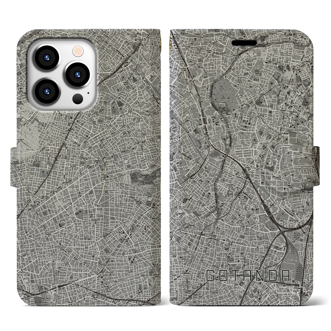 【五反田(東京都)】地図柄iPhoneケース(手帳タイプ)モノトーン・iPhone 13 Pro 用