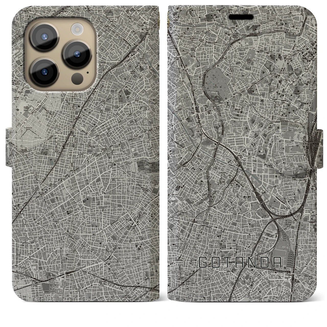 【五反田(東京都)】地図柄iPhoneケース(手帳タイプ)モノトーン・iPhone 14 Pro Max 用