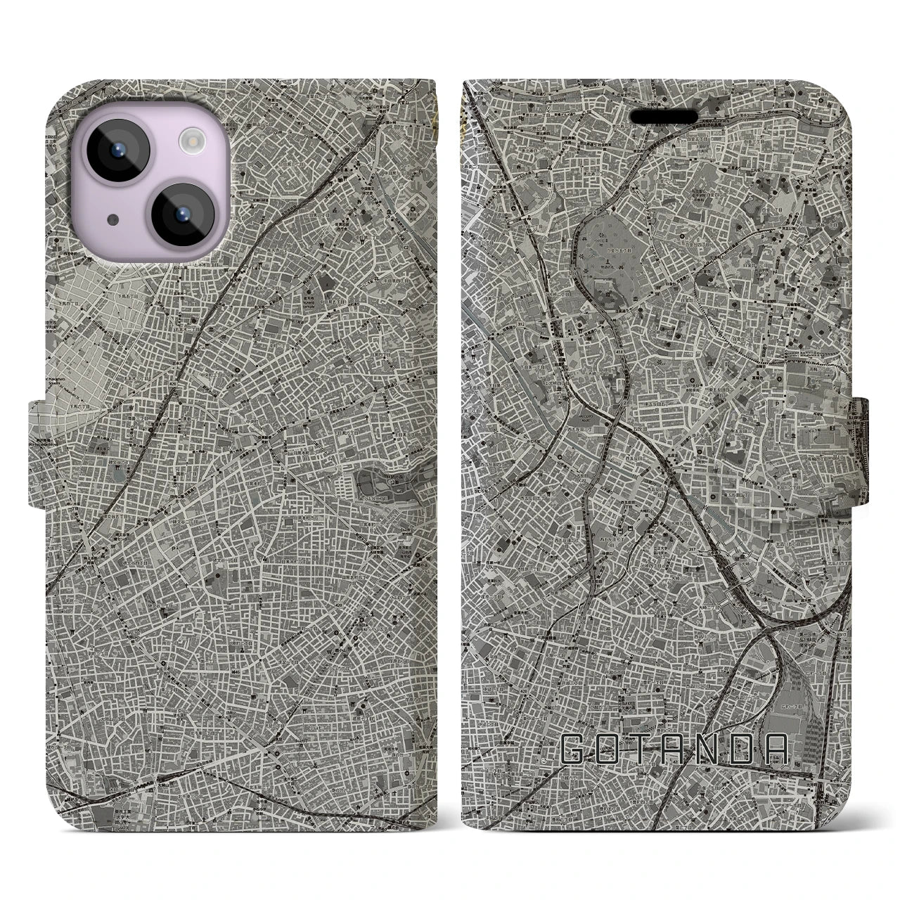 【五反田(東京都)】地図柄iPhoneケース(手帳タイプ)モノトーン・iPhone 14 用
