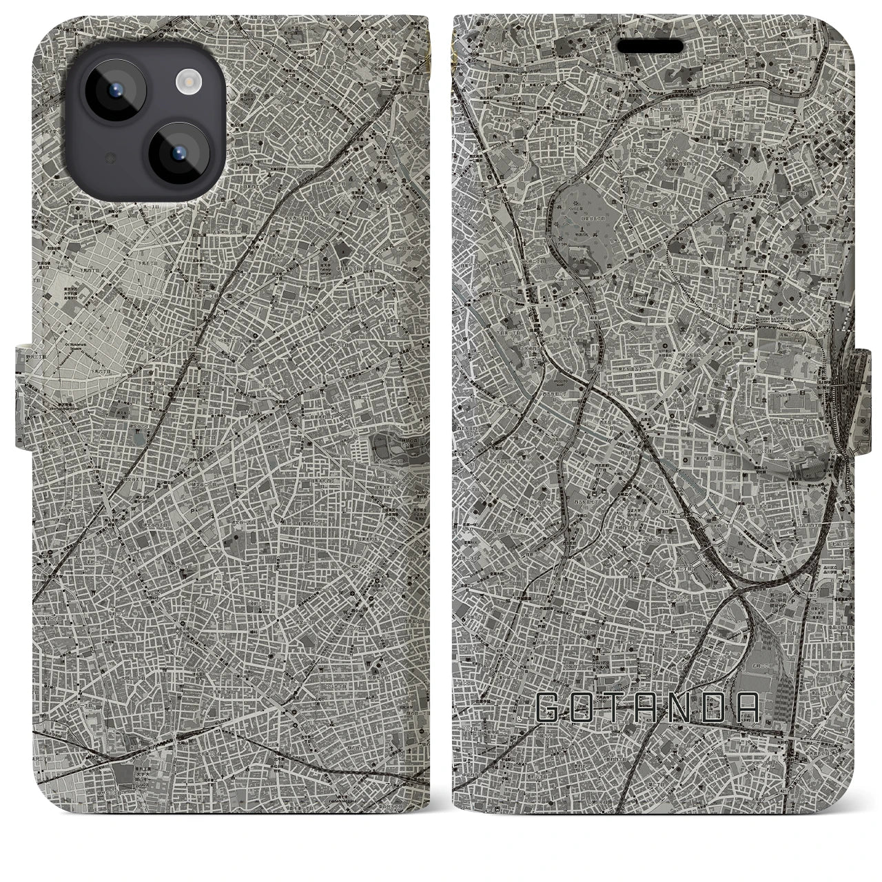 【五反田(東京都)】地図柄iPhoneケース(手帳タイプ)モノトーン・iPhone 14 Plus 用