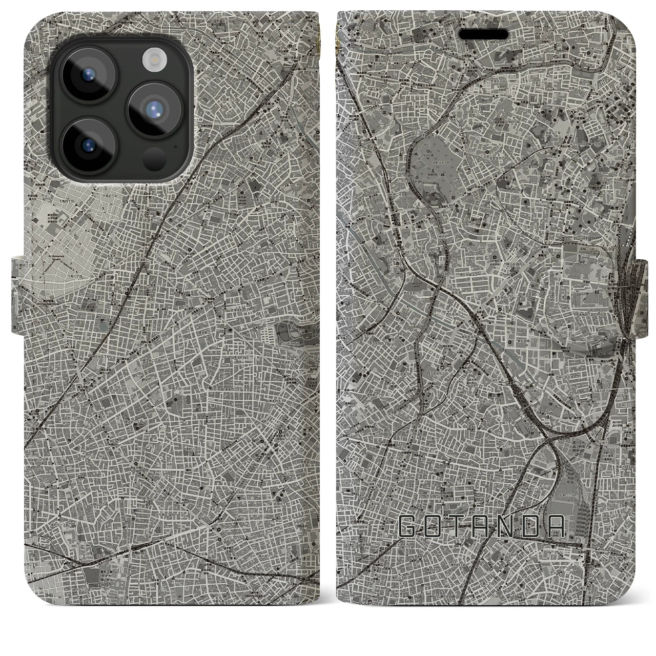 【五反田(東京都)】地図柄iPhoneケース(手帳タイプ)モノトーン・iPhone 15 Pro Max 用