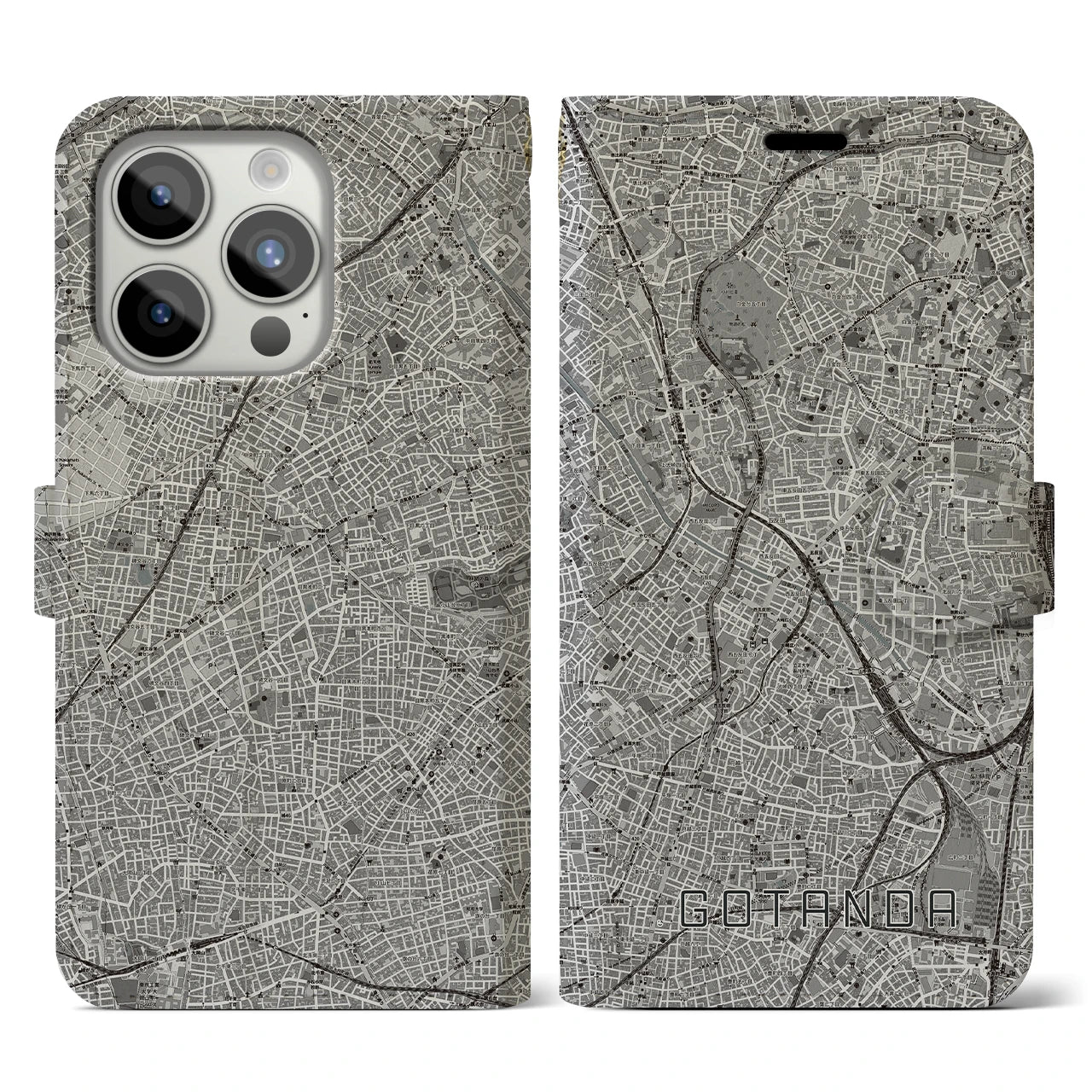 【五反田(東京都)】地図柄iPhoneケース(手帳タイプ)モノトーン・iPhone 15 Pro 用