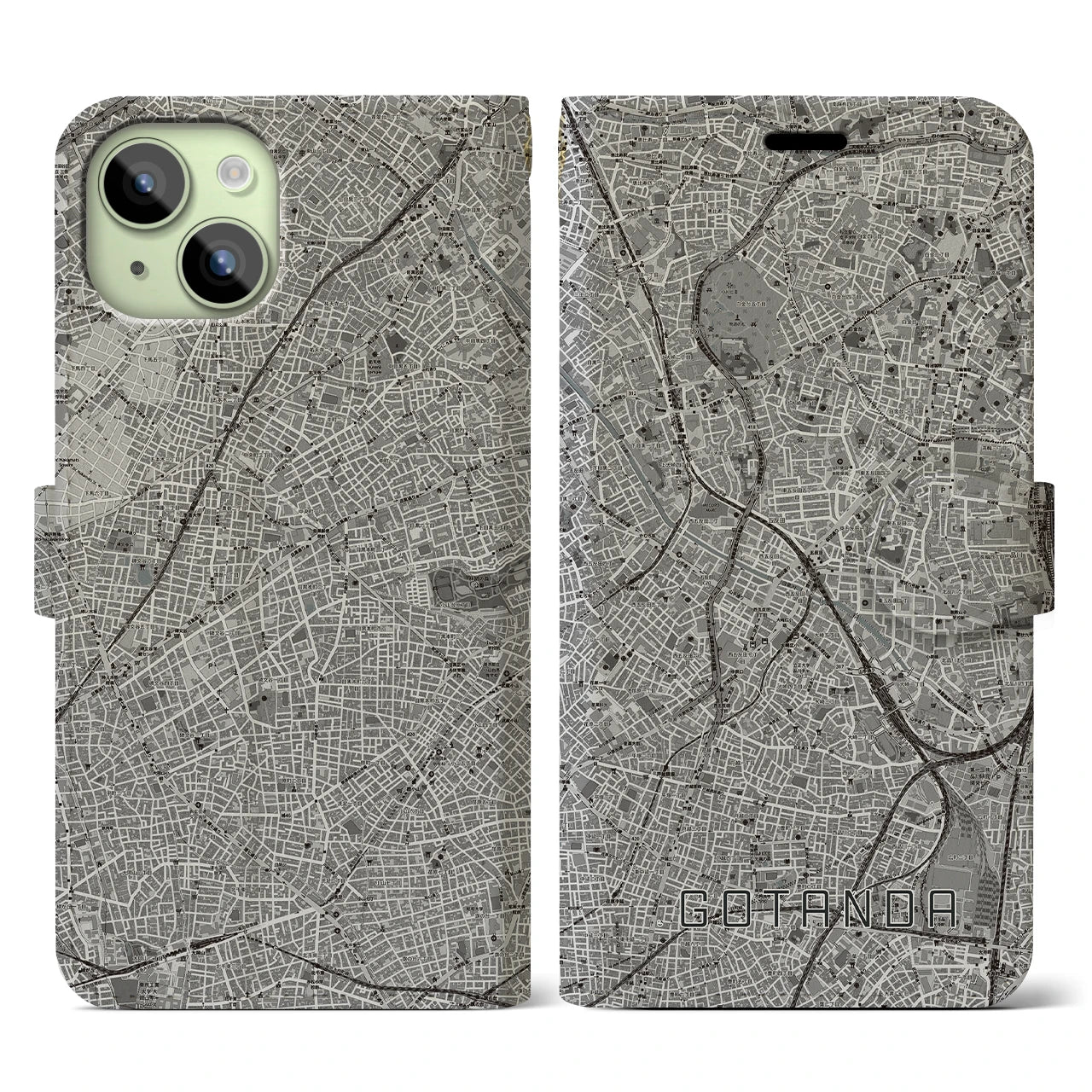 【五反田(東京都)】地図柄iPhoneケース(手帳タイプ)モノトーン・iPhone 15 用