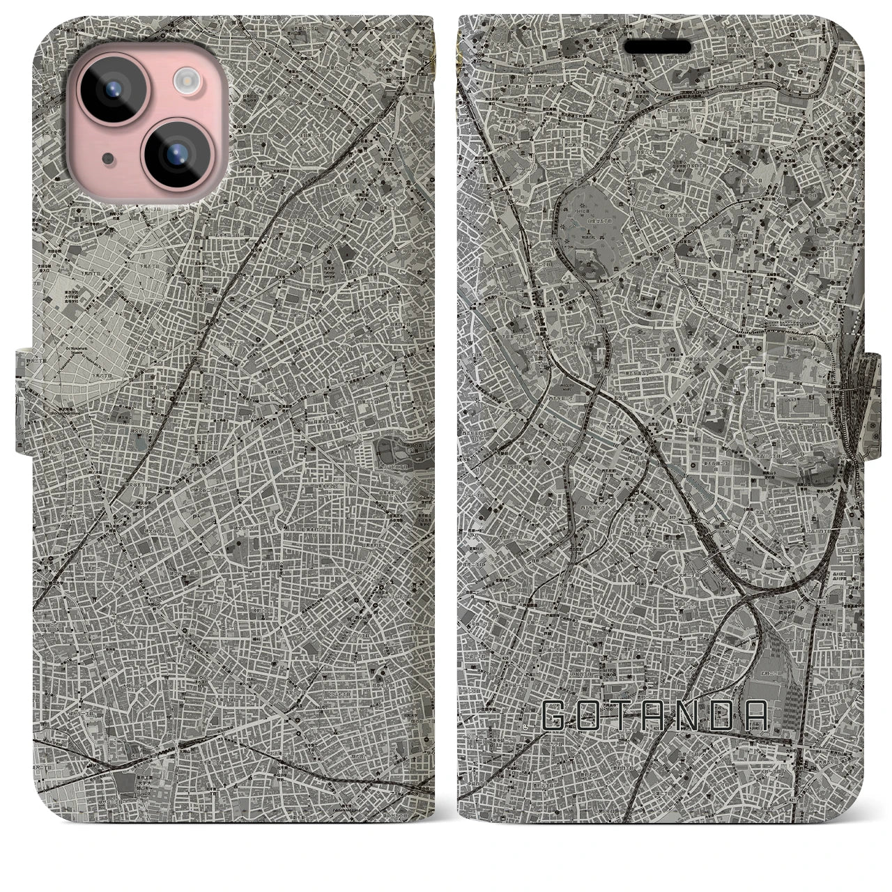 【五反田(東京都)】地図柄iPhoneケース(手帳タイプ)モノトーン・iPhone 15 Plus 用