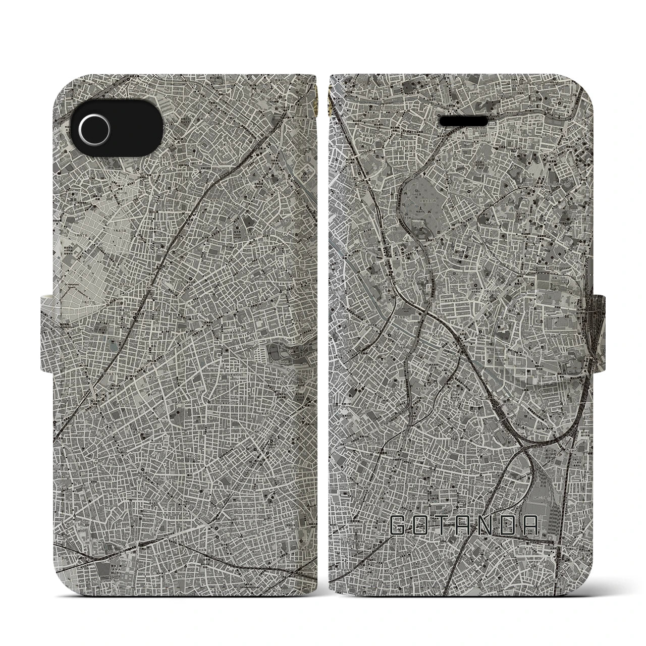 【五反田(東京都)】地図柄iPhoneケース(手帳タイプ)モノトーン・iPhone SE(第3 / 第2世代) / 8 / 7 / 6s / 6 用