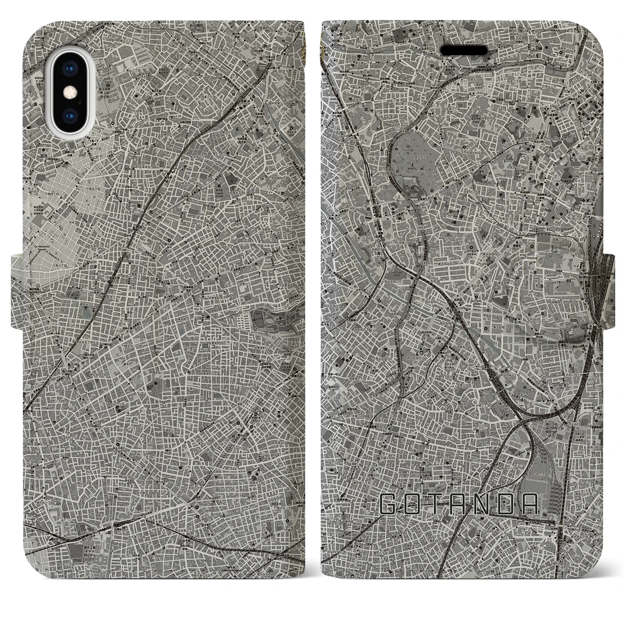 【五反田(東京都)】地図柄iPhoneケース(手帳タイプ)モノトーン・iPhone XS Max 用