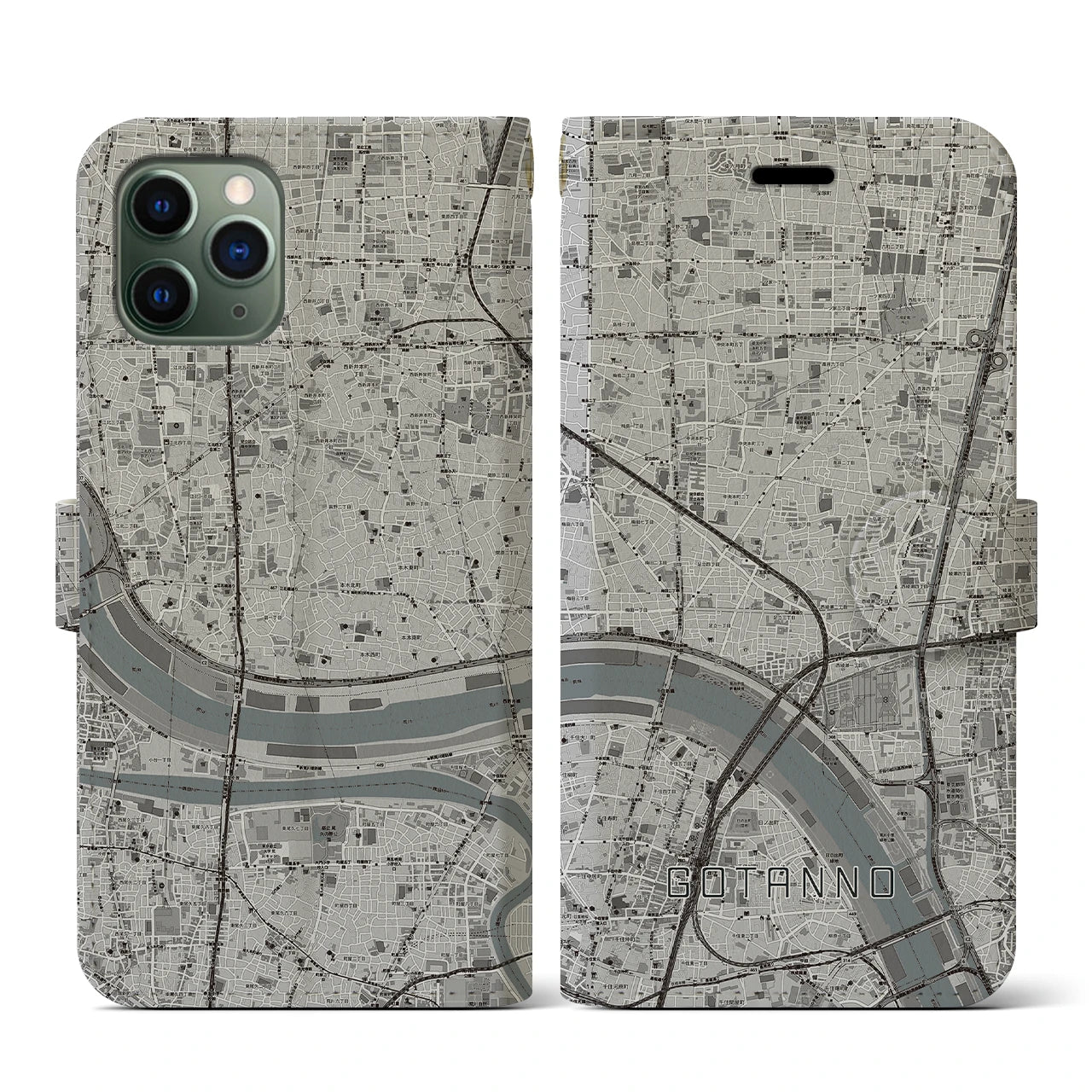 【五反野(東京都)】地図柄iPhoneケース(手帳タイプ)モノトーン・iPhone 11 Pro 用