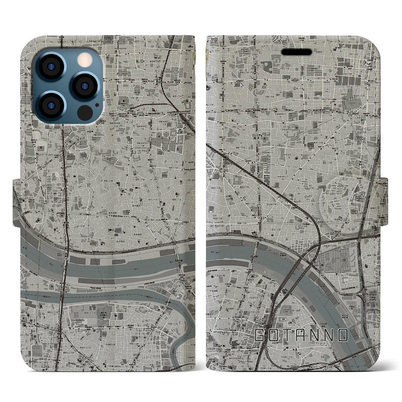 【五反野(東京都)】地図柄iPhoneケース(手帳タイプ)モノトーン・iPhone 12 / 12 Pro 用