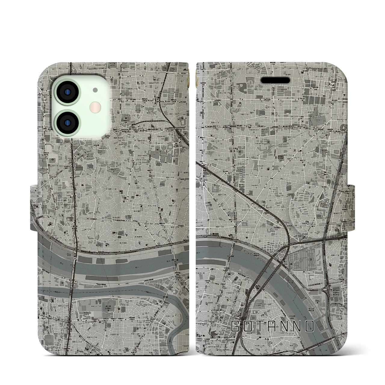 【五反野(東京都)】地図柄iPhoneケース(手帳タイプ)モノトーン・iPhone 12 mini 用