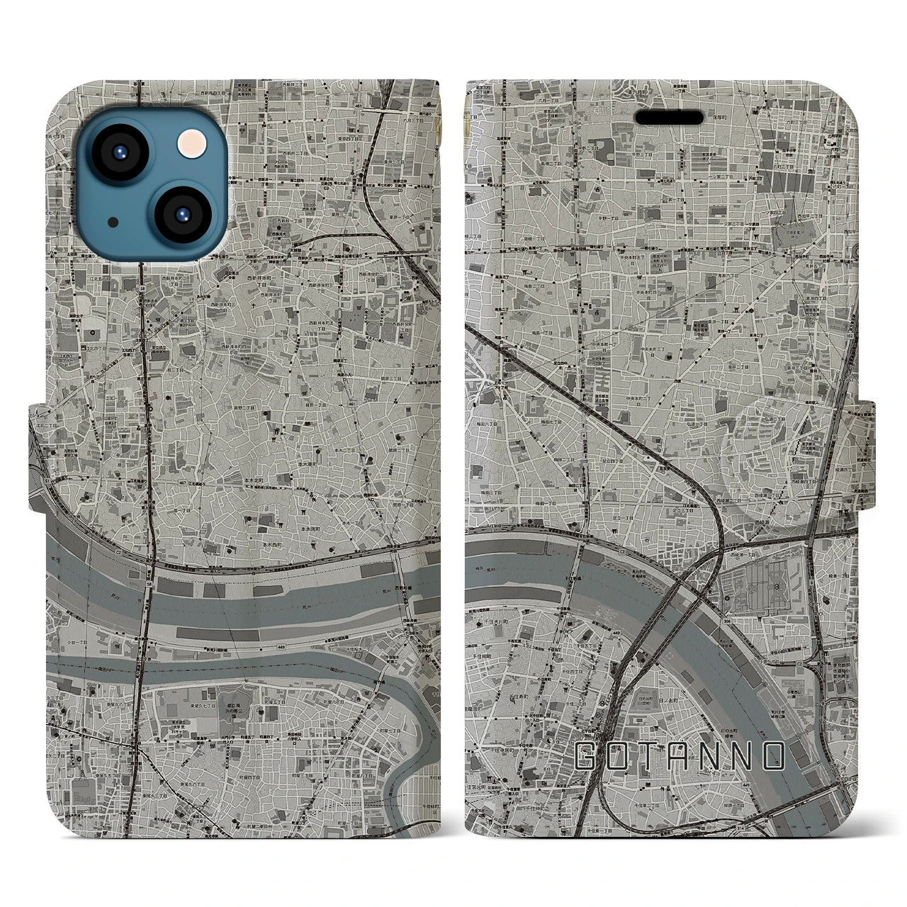 【五反野(東京都)】地図柄iPhoneケース(手帳タイプ)モノトーン・iPhone 13 用