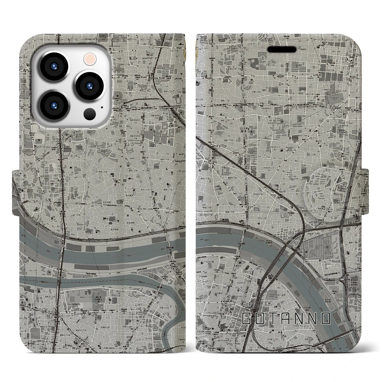 【五反野(東京都)】地図柄iPhoneケース(手帳タイプ)モノトーン・iPhone 13 Pro 用