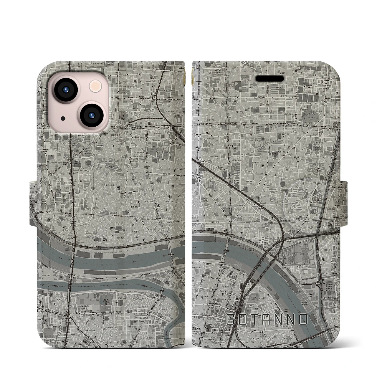 【五反野(東京都)】地図柄iPhoneケース(手帳タイプ)モノトーン・iPhone 13 mini 用