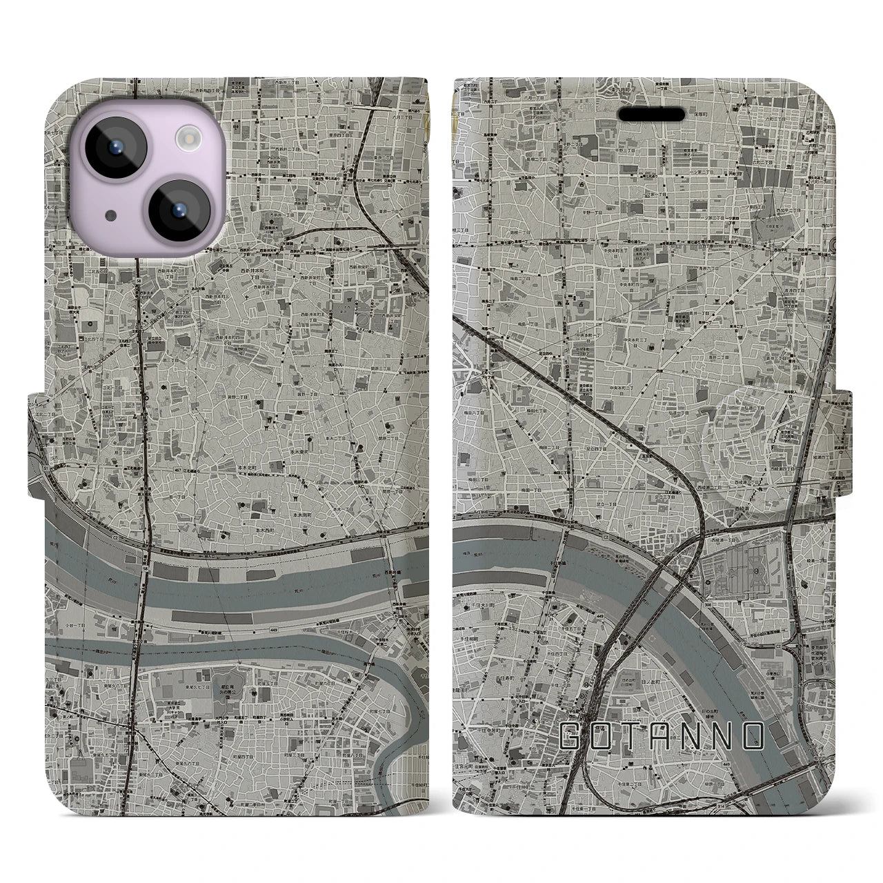 【五反野(東京都)】地図柄iPhoneケース(手帳タイプ)モノトーン・iPhone 14 用