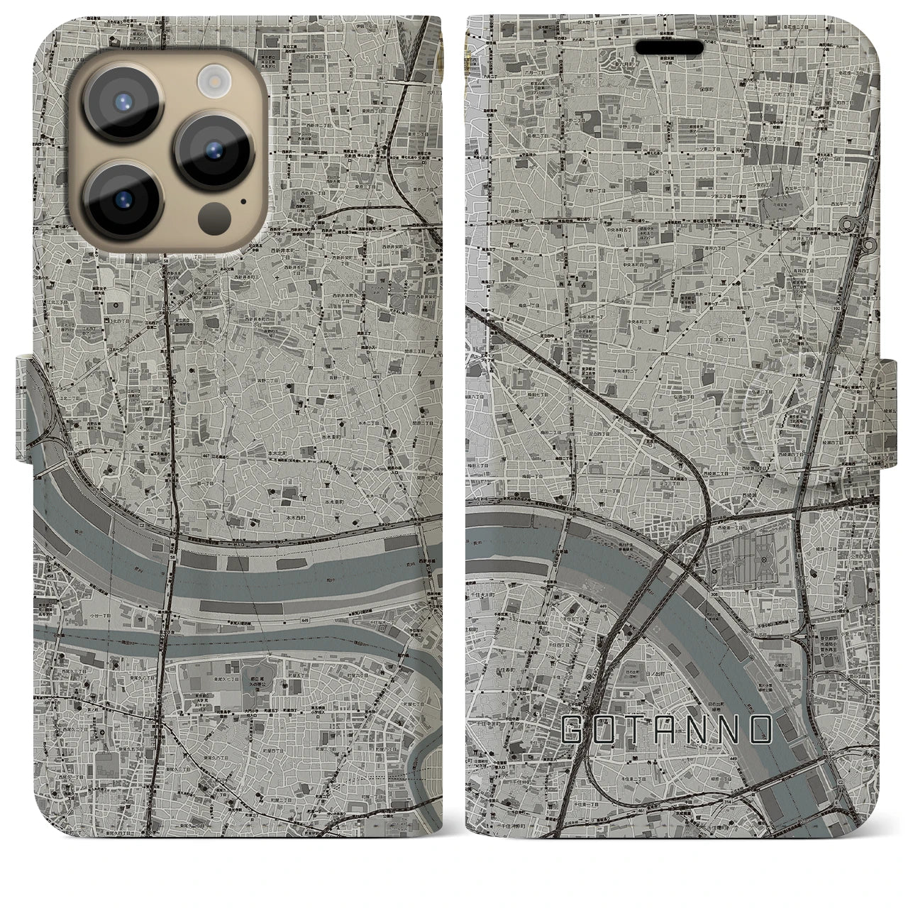 【五反野(東京都)】地図柄iPhoneケース(手帳タイプ)モノトーン・iPhone 14 Pro Max 用