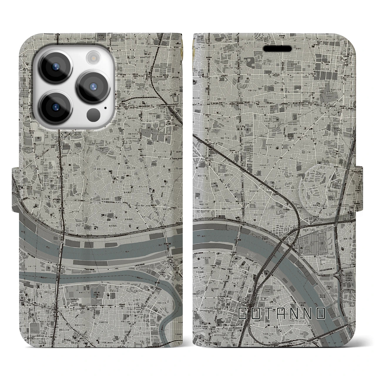 【五反野(東京都)】地図柄iPhoneケース(手帳タイプ)モノトーン・iPhone 14 Pro 用