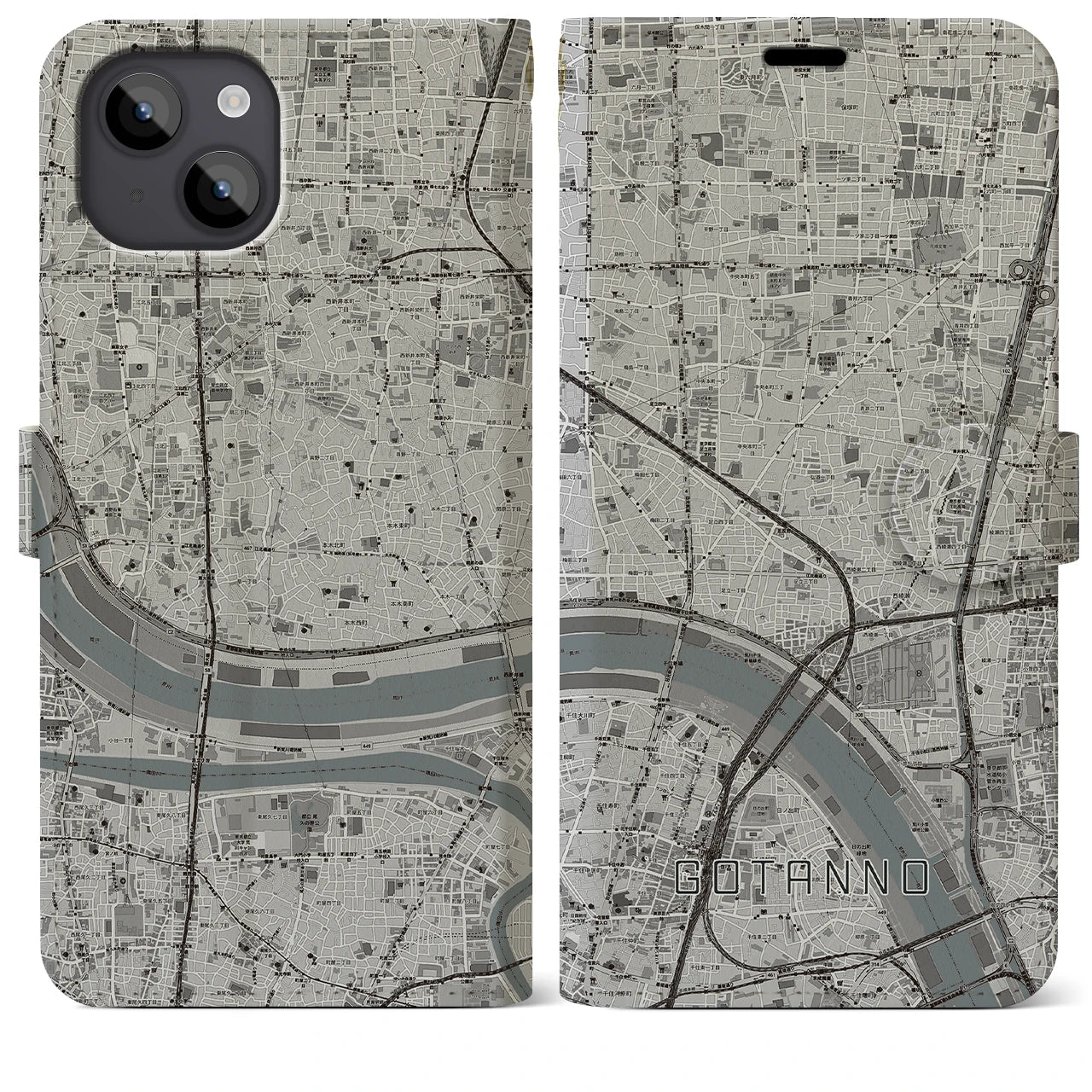 【五反野(東京都)】地図柄iPhoneケース(手帳タイプ)モノトーン・iPhone 14 Plus 用