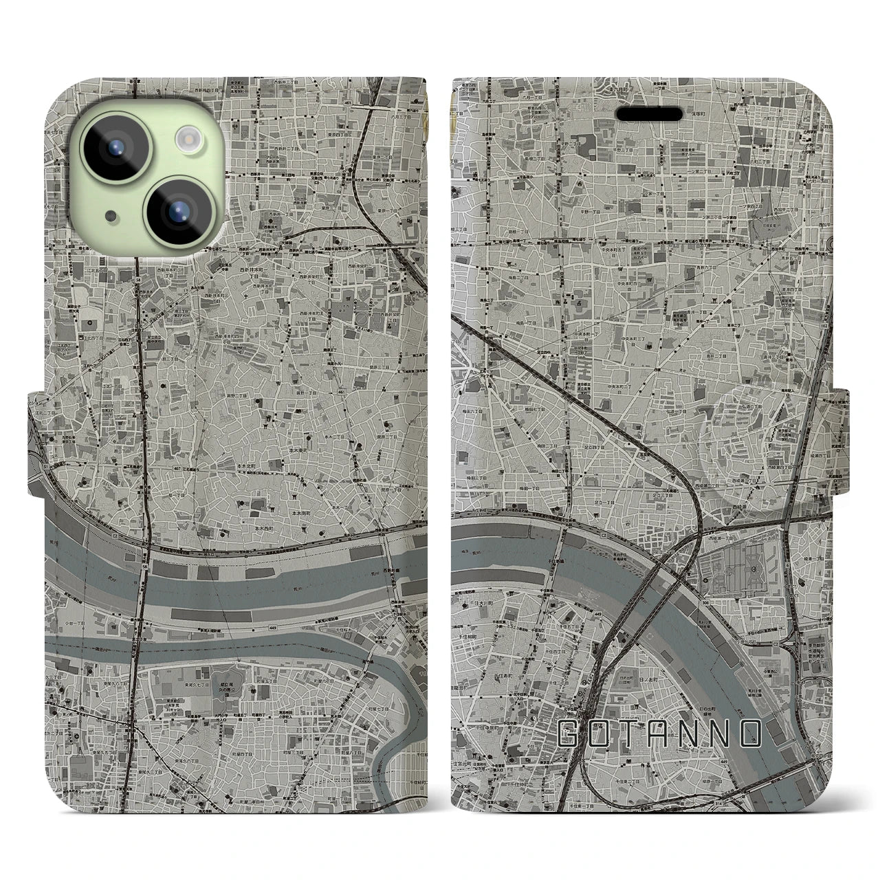 【五反野(東京都)】地図柄iPhoneケース(手帳タイプ)モノトーン・iPhone 15 用