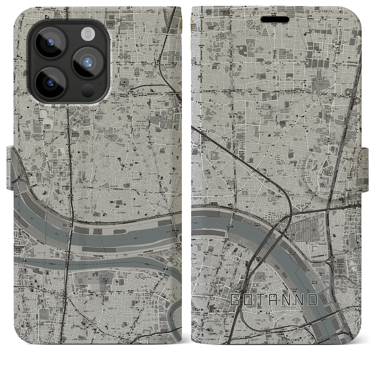 【五反野(東京都)】地図柄iPhoneケース(手帳タイプ)モノトーン・iPhone 15 Pro Max 用
