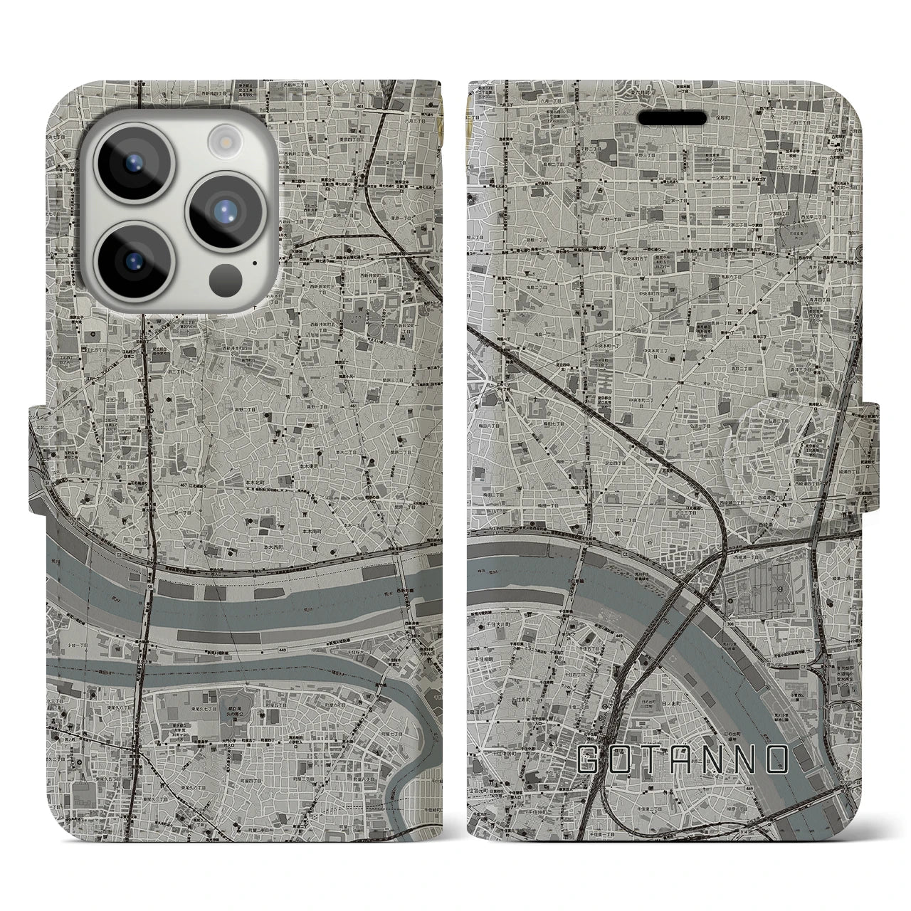 【五反野(東京都)】地図柄iPhoneケース(手帳タイプ)モノトーン・iPhone 15 Pro 用