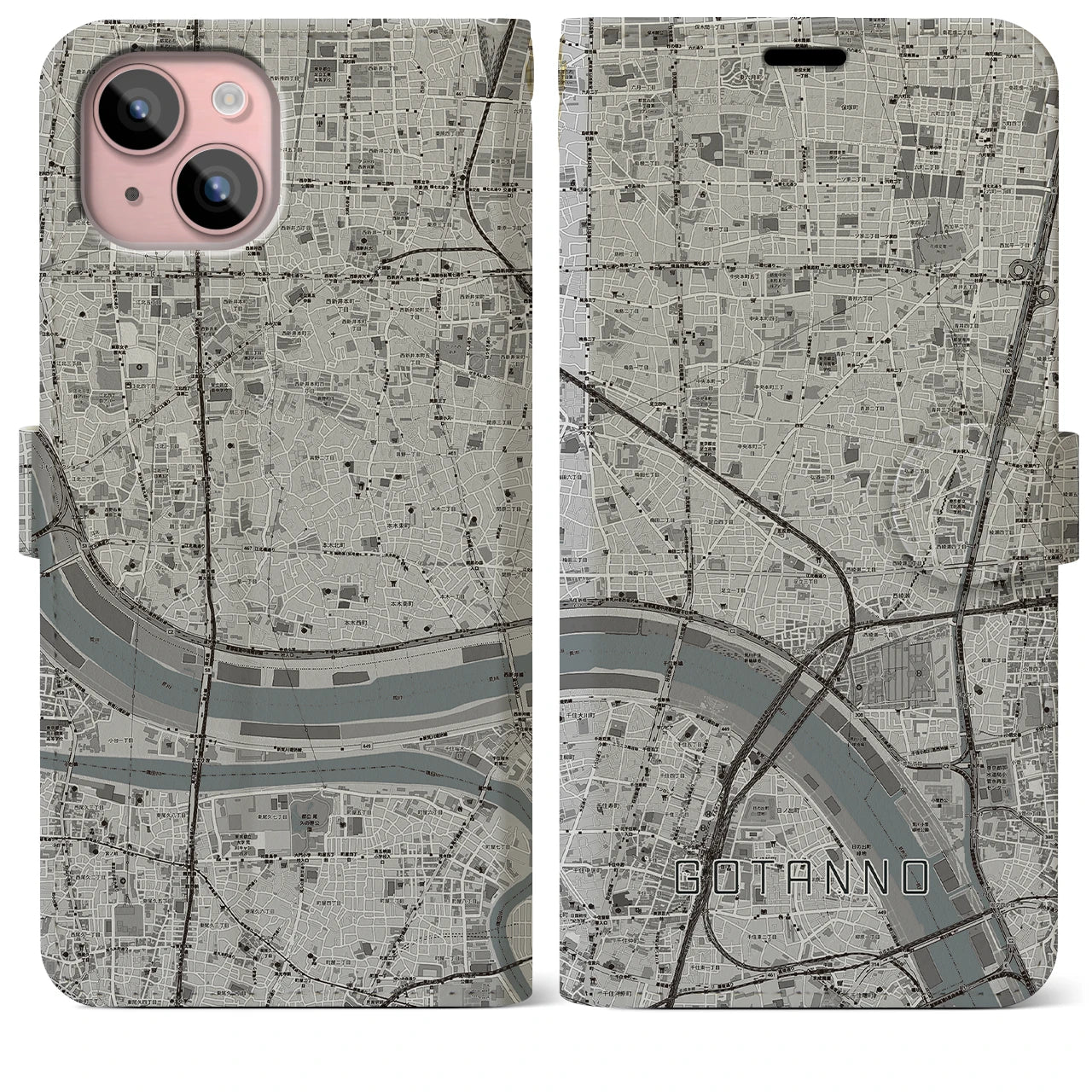 【五反野(東京都)】地図柄iPhoneケース(手帳タイプ)モノトーン・iPhone 15 Plus 用