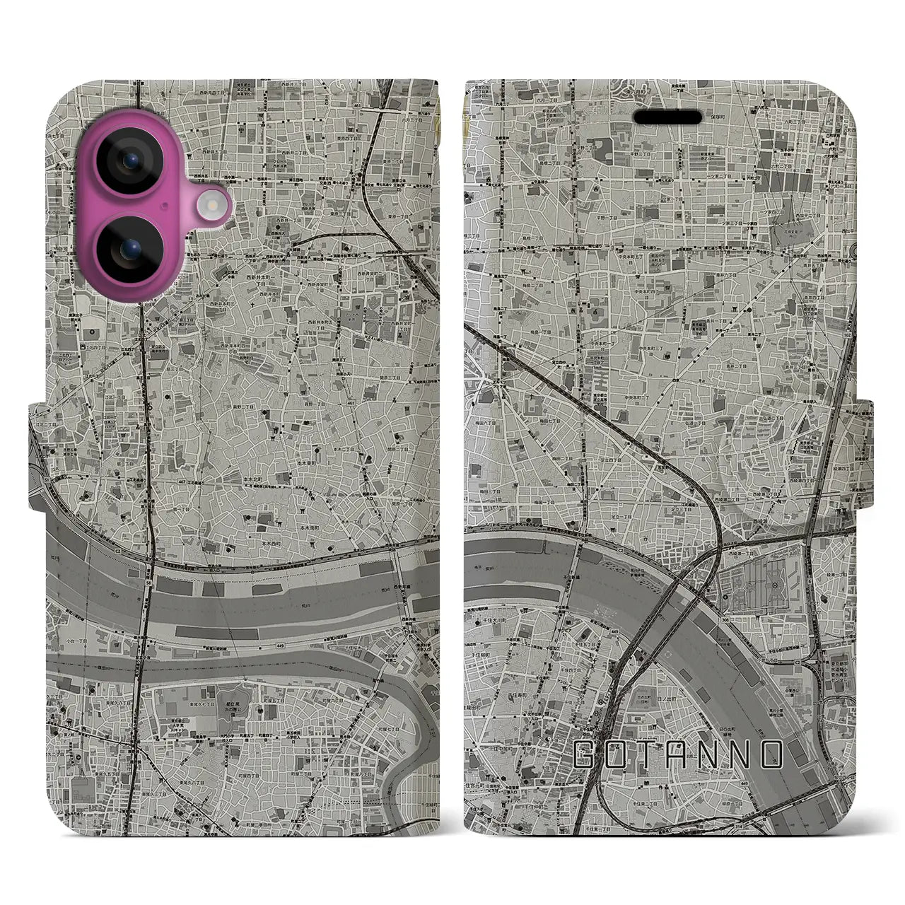 【五反野(東京都)】地図柄iPhoneケース(手帳タイプ)モノトーン・iPhone 16 Pro 用