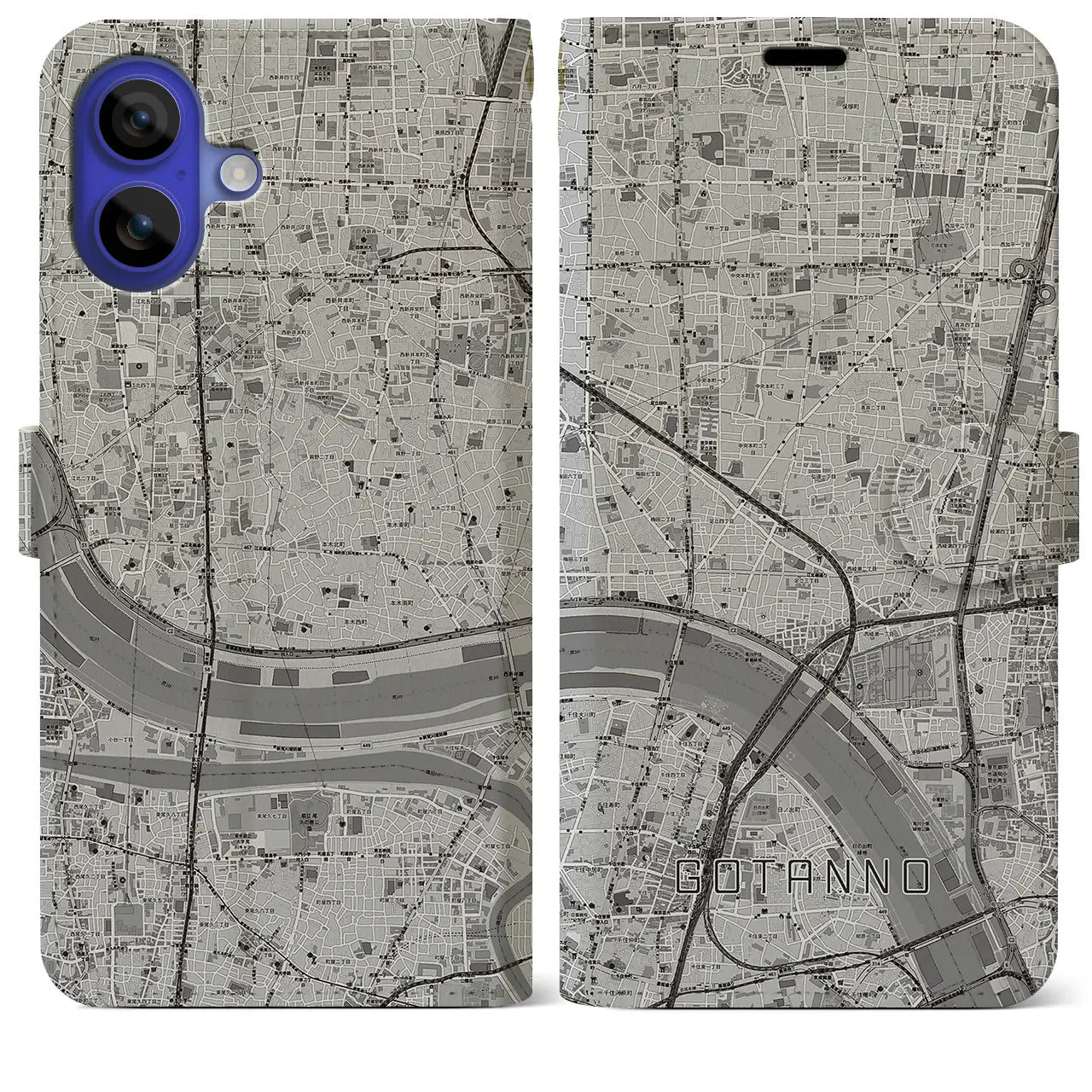 【五反野(東京都)】地図柄iPhoneケース(手帳タイプ)モノトーン・iPhone 16 Pro Max 用