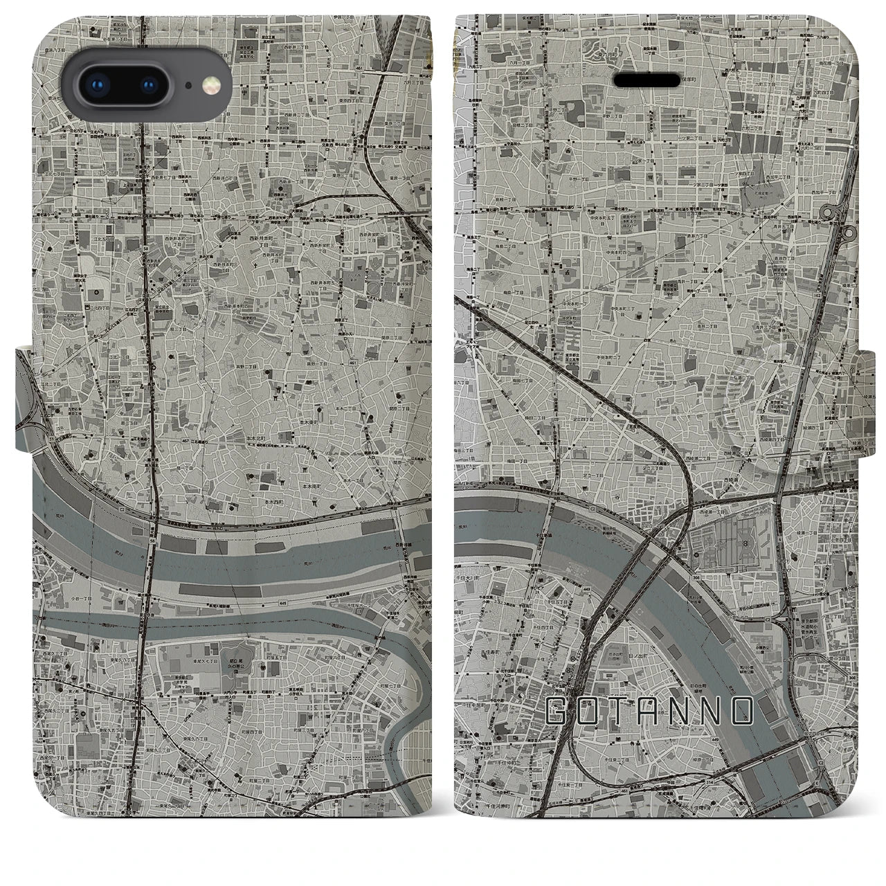 【五反野(東京都)】地図柄iPhoneケース(手帳タイプ)モノトーン・iPhone 8Plus /7Plus / 6sPlus / 6Plus 用
