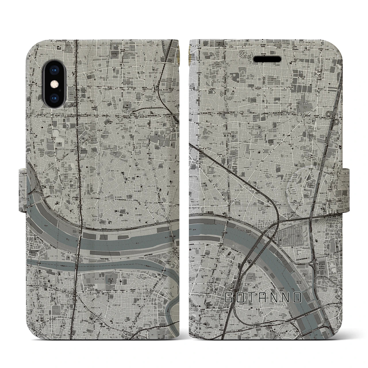 【五反野(東京都)】地図柄iPhoneケース(手帳タイプ)モノトーン・iPhone XS / X 用