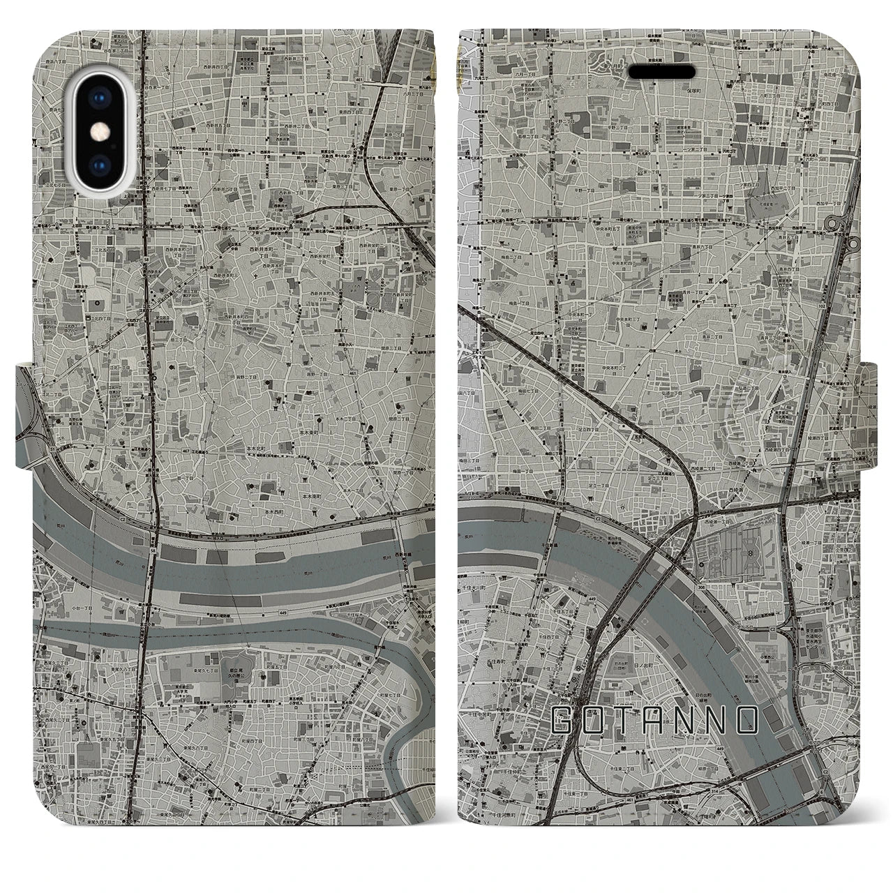 【五反野(東京都)】地図柄iPhoneケース(手帳タイプ)モノトーン・iPhone XS Max 用