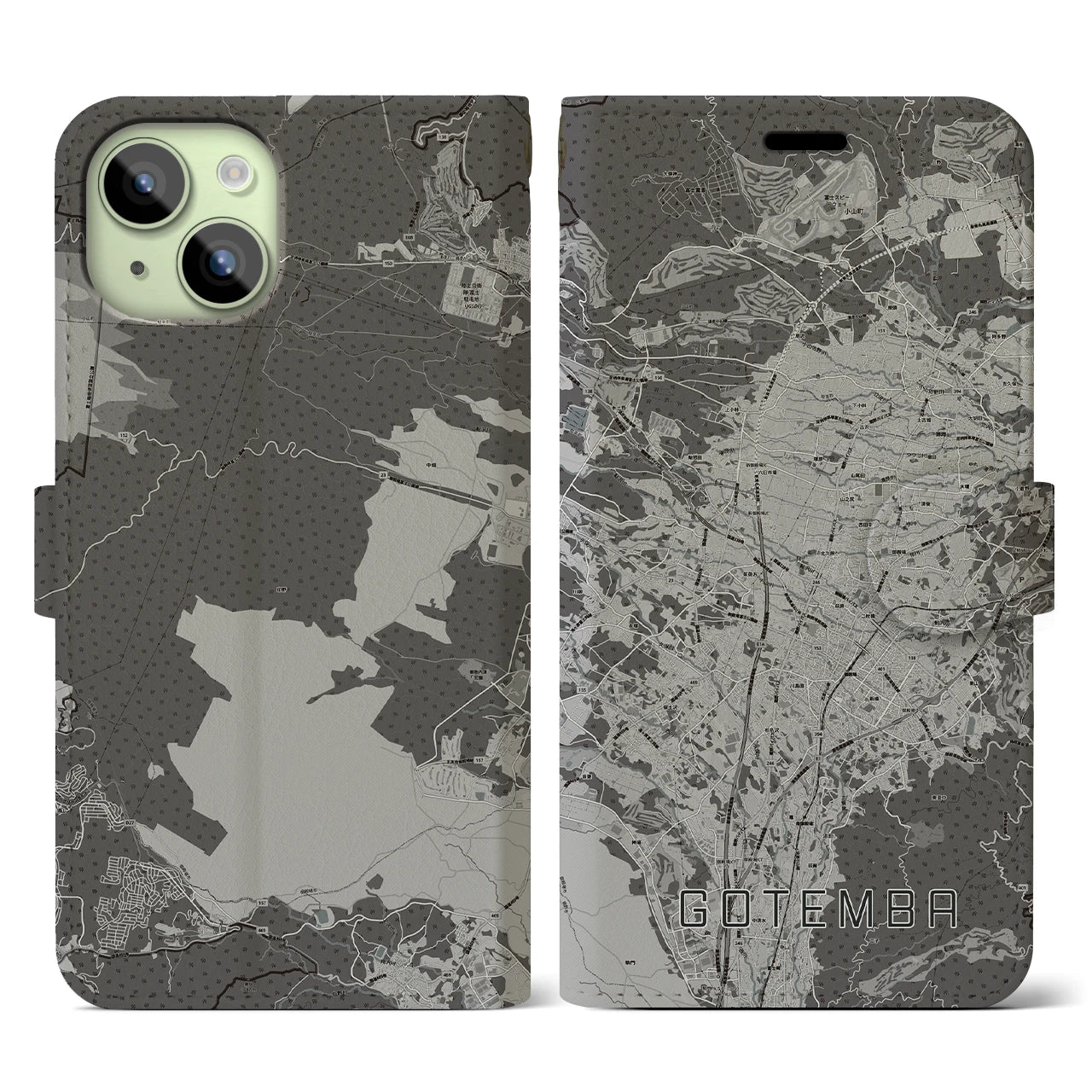 【御殿場(静岡県)】地図柄iPhoneケース(手帳タイプ)モノトーン・iPhone 15 用