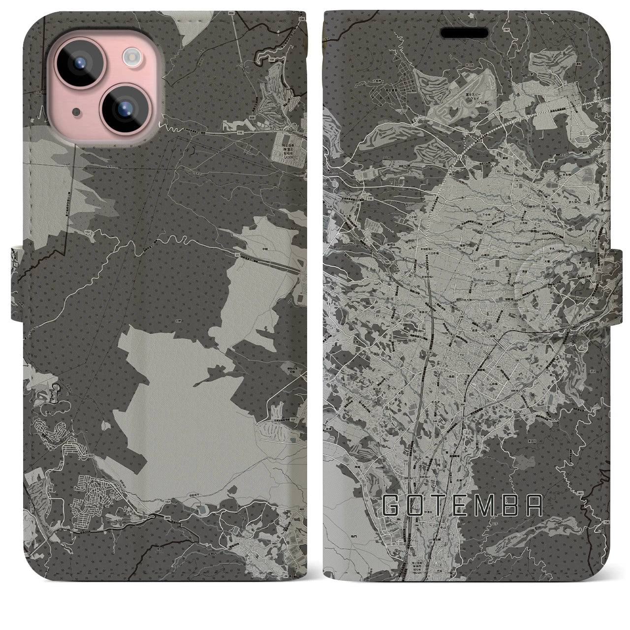 【御殿場(静岡県)】地図柄iPhoneケース(手帳タイプ)モノトーン・iPhone 15 Plus 用