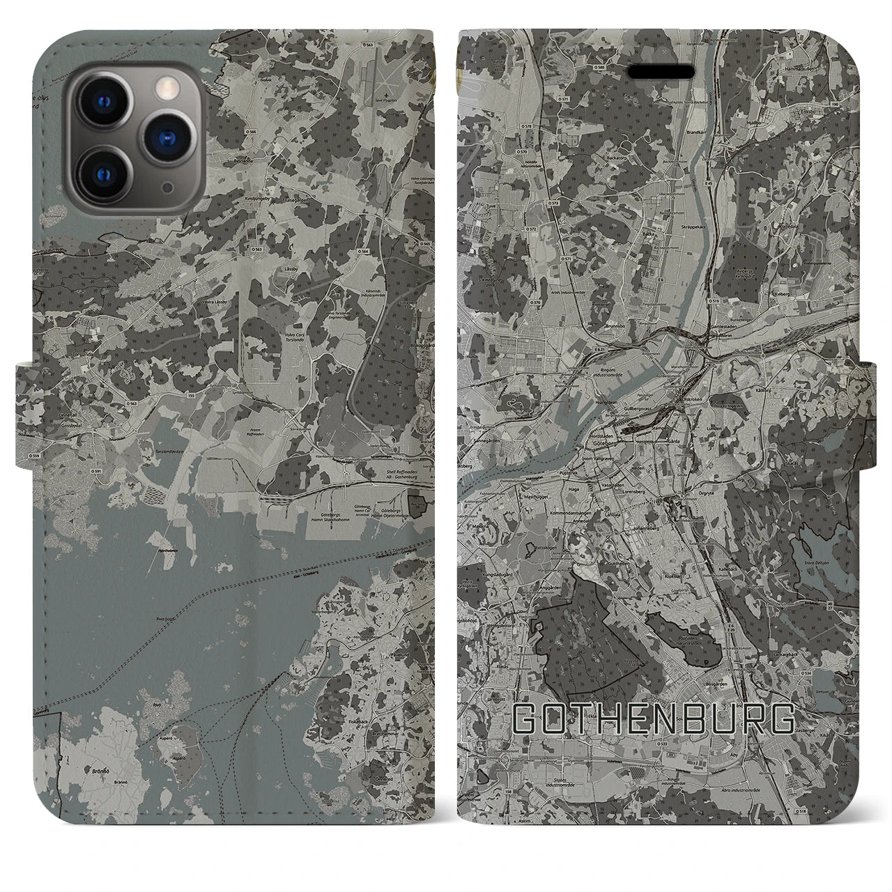 【ヨーテボリ(スウェーデン)】地図柄iPhoneケース(手帳タイプ)モノトーン・iPhone 11 Pro Max 用