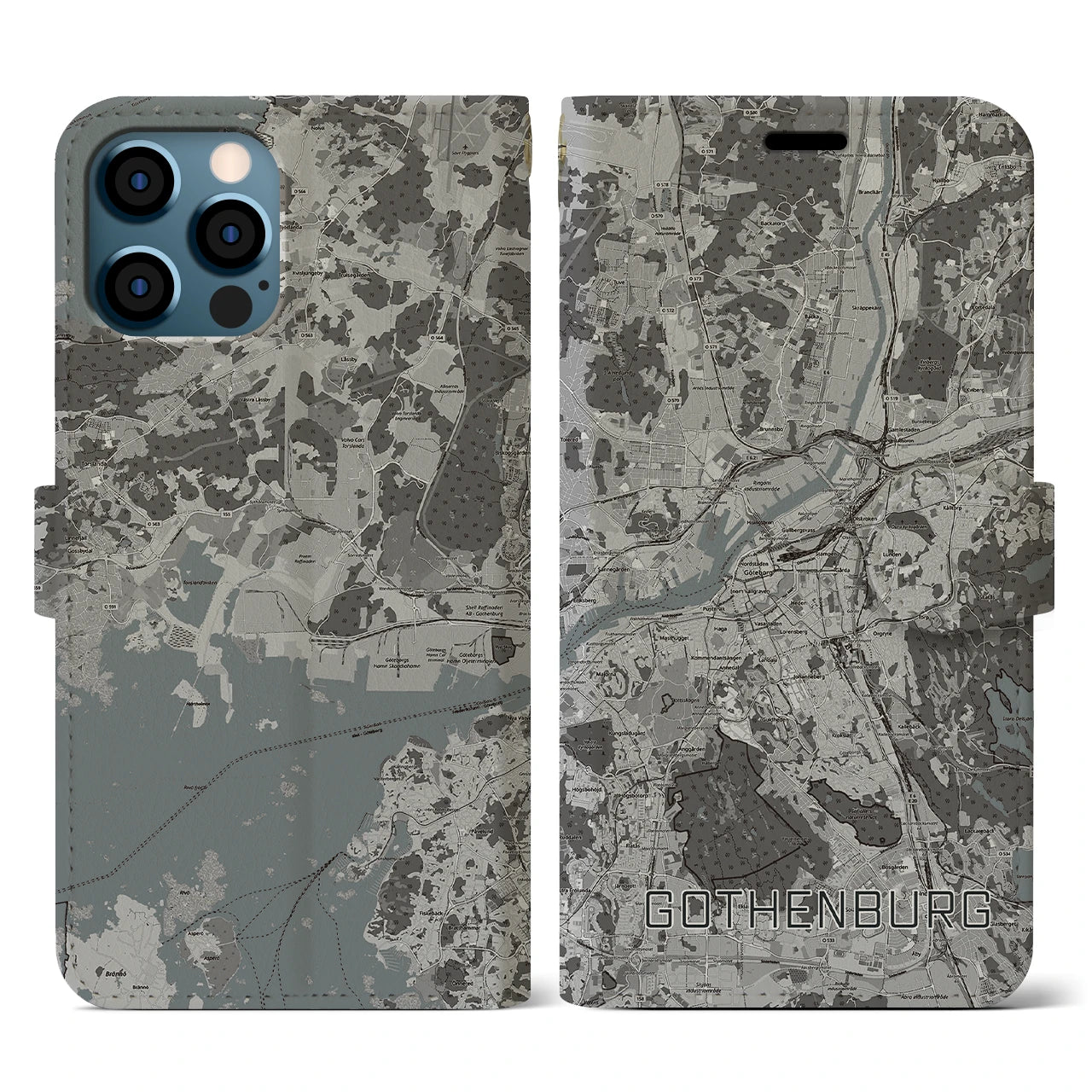 【ヨーテボリ(スウェーデン)】地図柄iPhoneケース(手帳タイプ)モノトーン・iPhone 12 / 12 Pro 用
