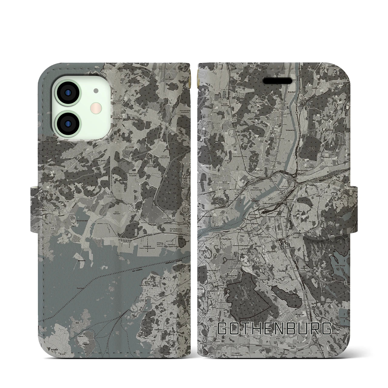 【ヨーテボリ(スウェーデン)】地図柄iPhoneケース(手帳タイプ)モノトーン・iPhone 12 mini 用