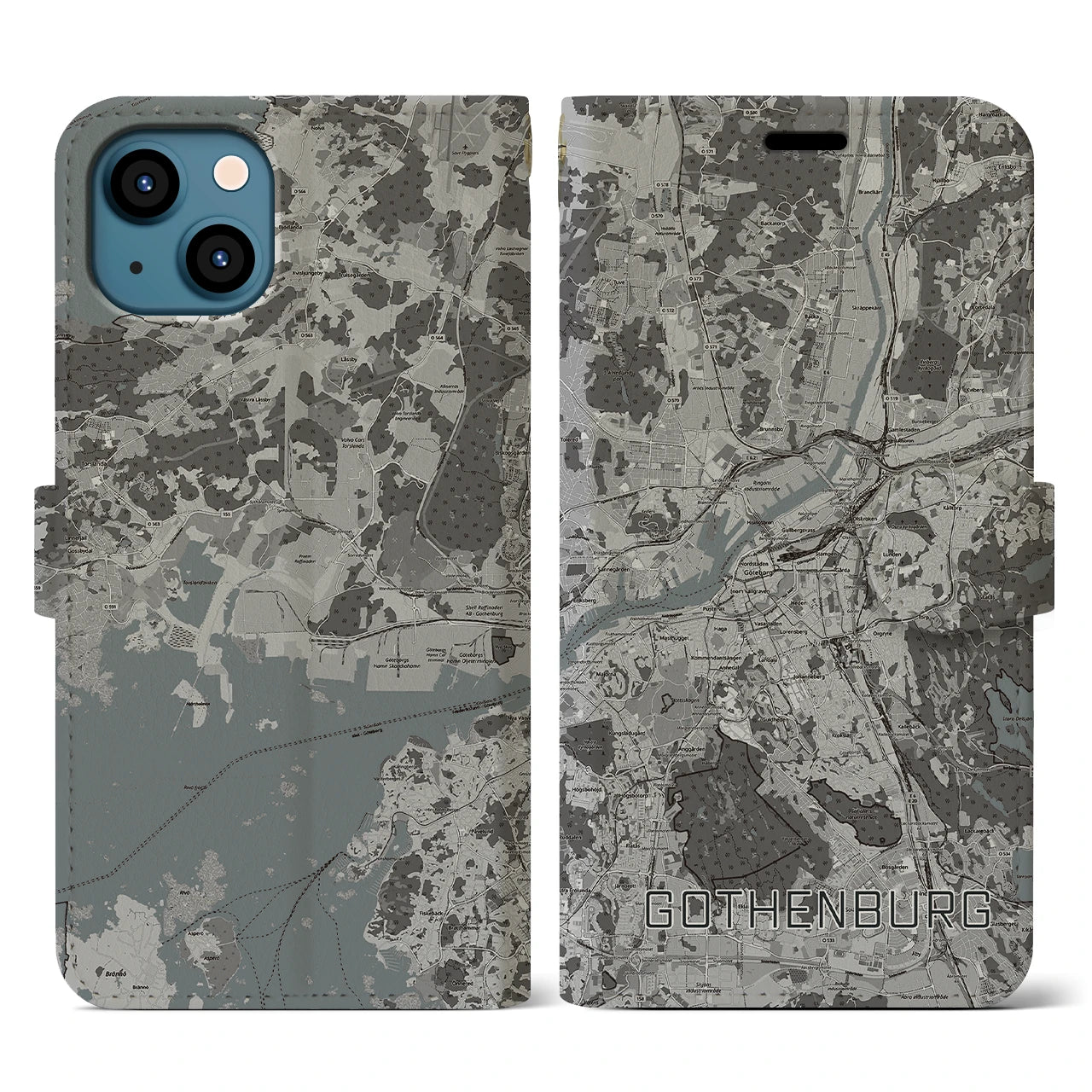 【ヨーテボリ(スウェーデン)】地図柄iPhoneケース(手帳タイプ)モノトーン・iPhone 13 用