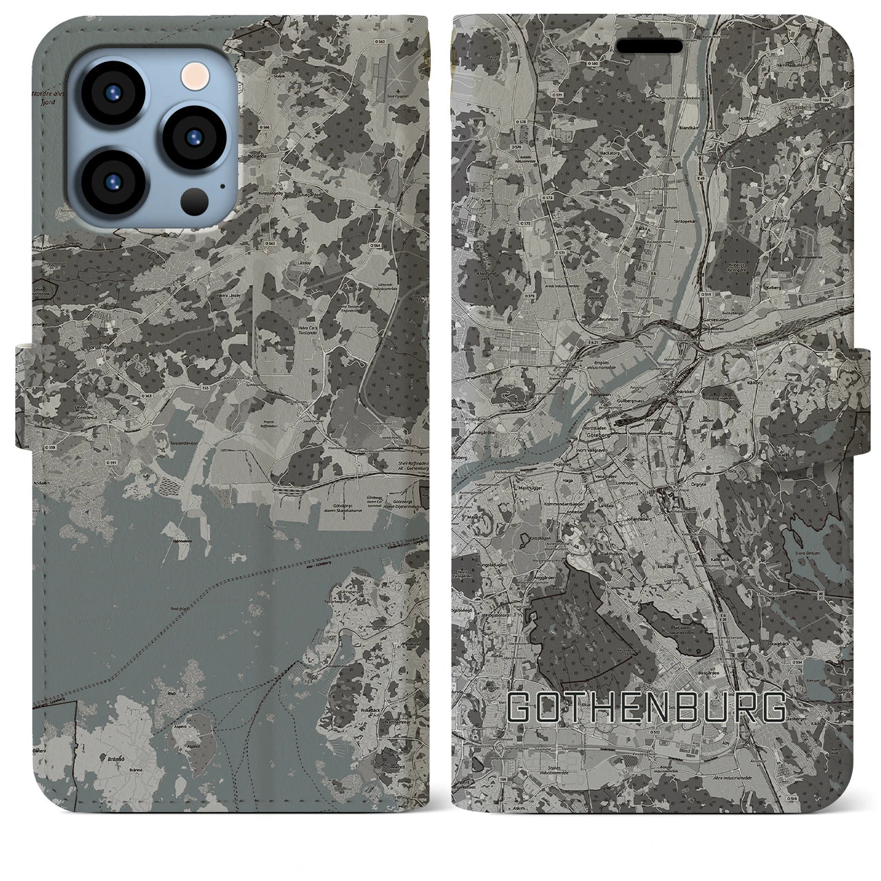【ヨーテボリ(スウェーデン)】地図柄iPhoneケース(手帳タイプ)モノトーン・iPhone 13 Pro Max 用