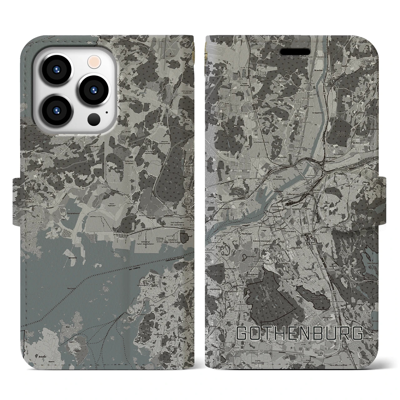 【ヨーテボリ(スウェーデン)】地図柄iPhoneケース(手帳タイプ)モノトーン・iPhone 13 Pro 用