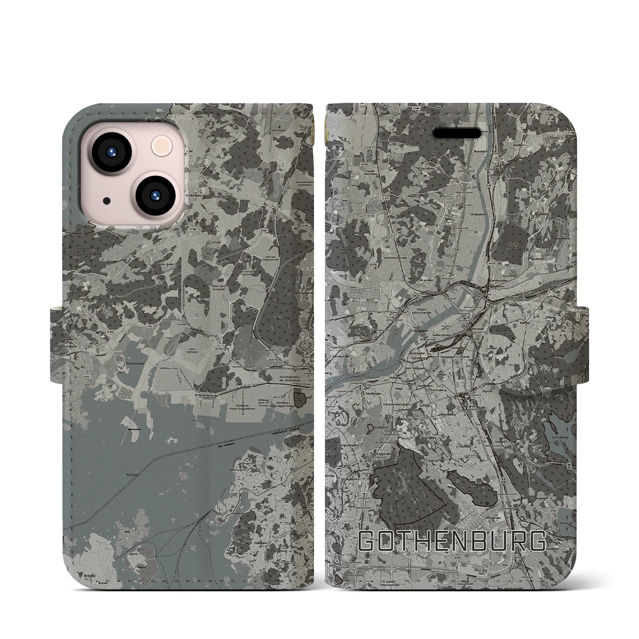 【ヨーテボリ(スウェーデン)】地図柄iPhoneケース(手帳タイプ)モノトーン・iPhone 13 mini 用