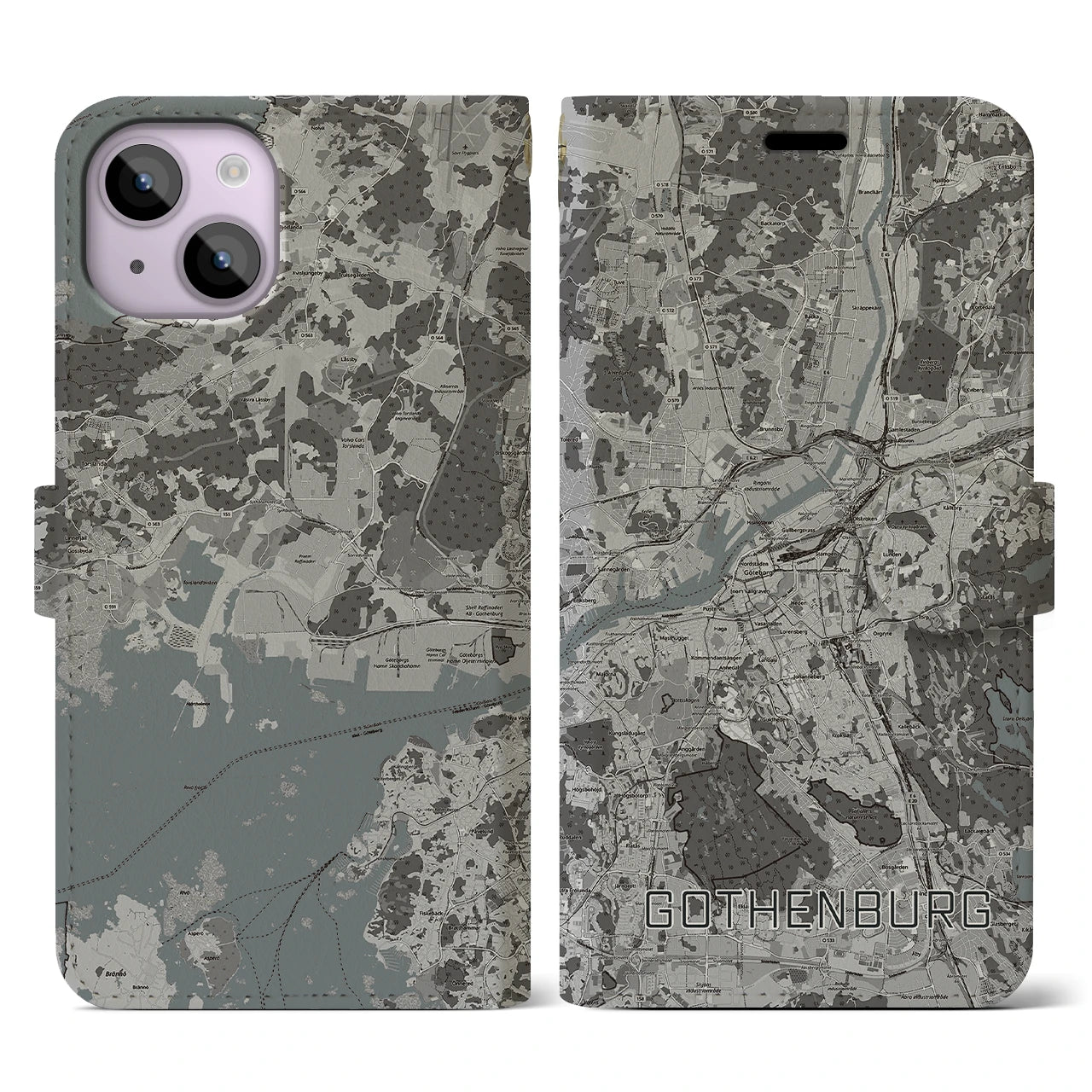 【ヨーテボリ(スウェーデン)】地図柄iPhoneケース(手帳タイプ)モノトーン・iPhone 14 用