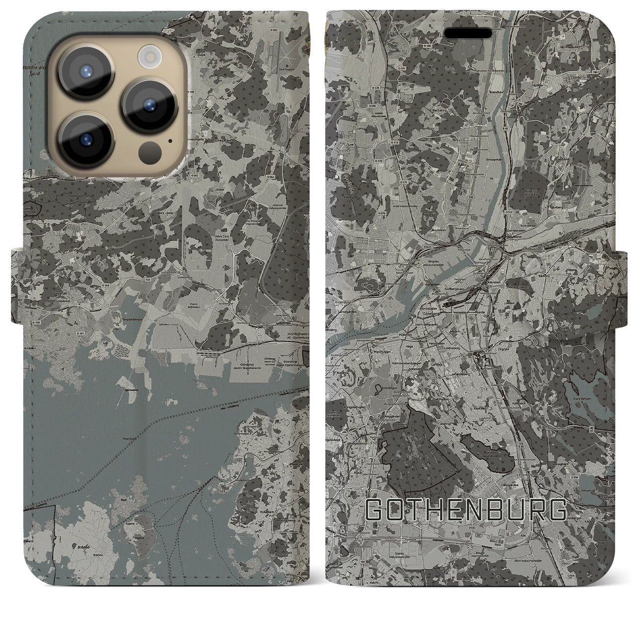 【ヨーテボリ(スウェーデン)】地図柄iPhoneケース(手帳タイプ)モノトーン・iPhone 14 Pro Max 用