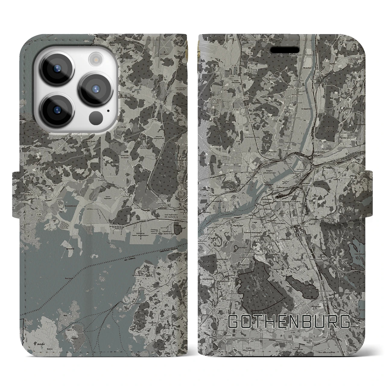 【ヨーテボリ(スウェーデン)】地図柄iPhoneケース(手帳タイプ)モノトーン・iPhone 14 Pro 用
