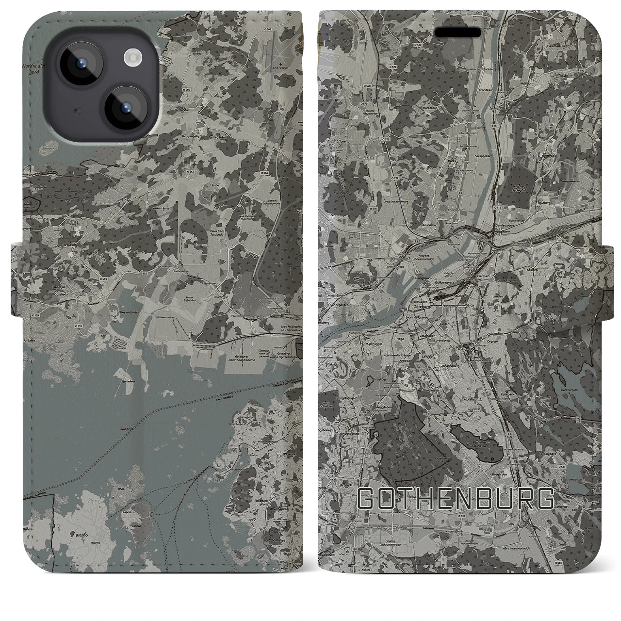 【ヨーテボリ(スウェーデン)】地図柄iPhoneケース(手帳タイプ)モノトーン・iPhone 14 Plus 用