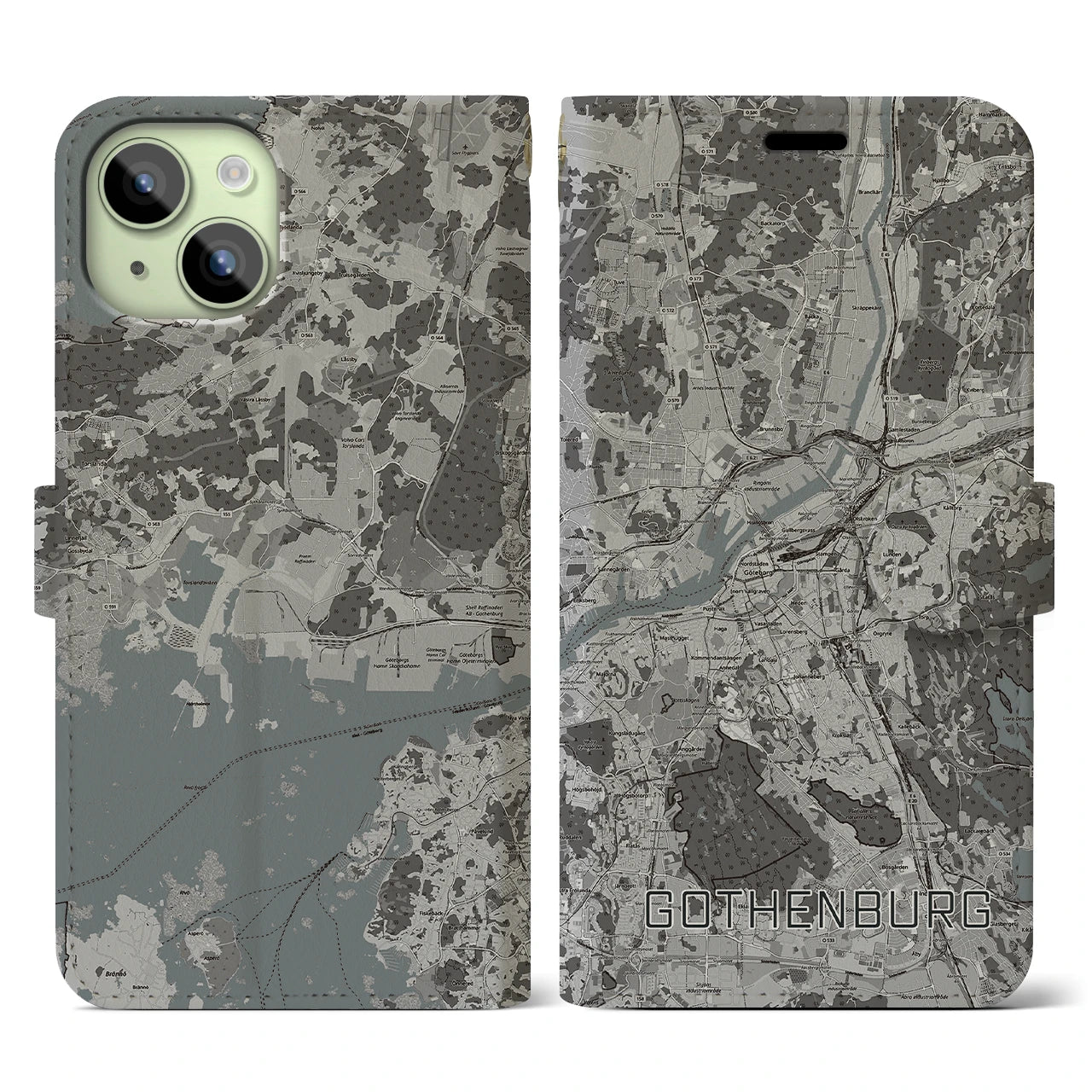 【ヨーテボリ(スウェーデン)】地図柄iPhoneケース(手帳タイプ)モノトーン・iPhone 15 用
