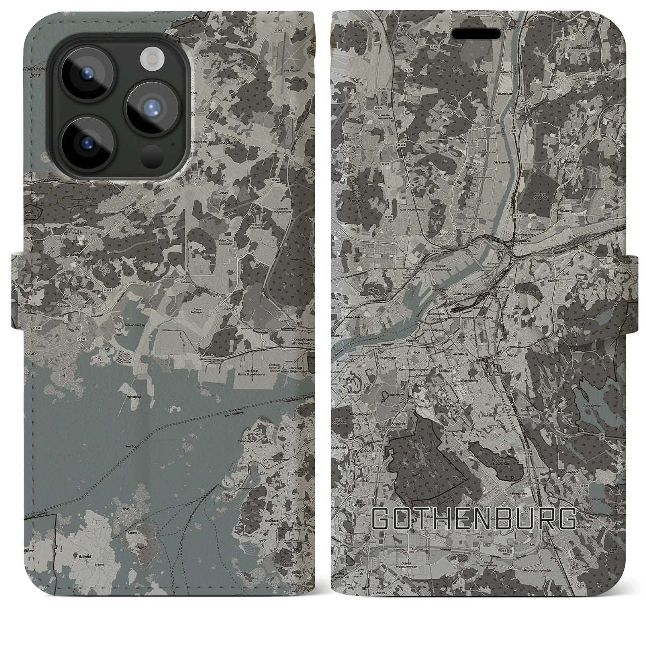 【ヨーテボリ(スウェーデン)】地図柄iPhoneケース(手帳タイプ)モノトーン・iPhone 15 Pro Max 用