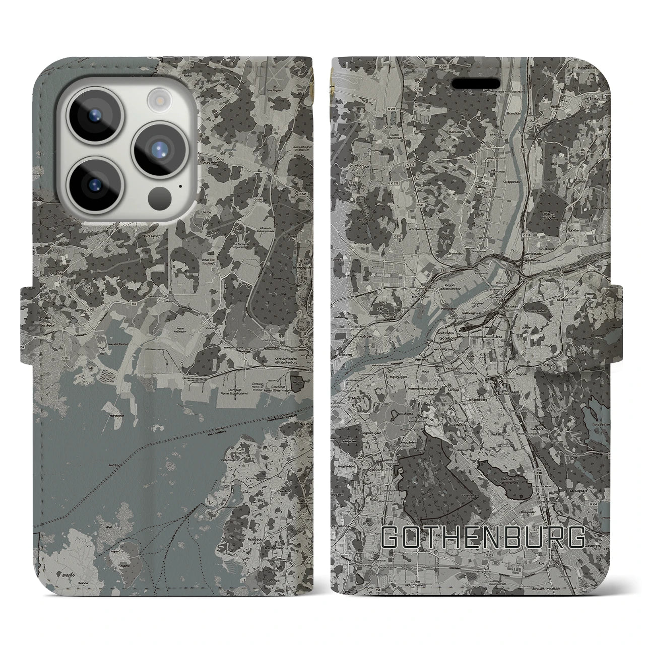 【ヨーテボリ(スウェーデン)】地図柄iPhoneケース(手帳タイプ)モノトーン・iPhone 15 Pro 用
