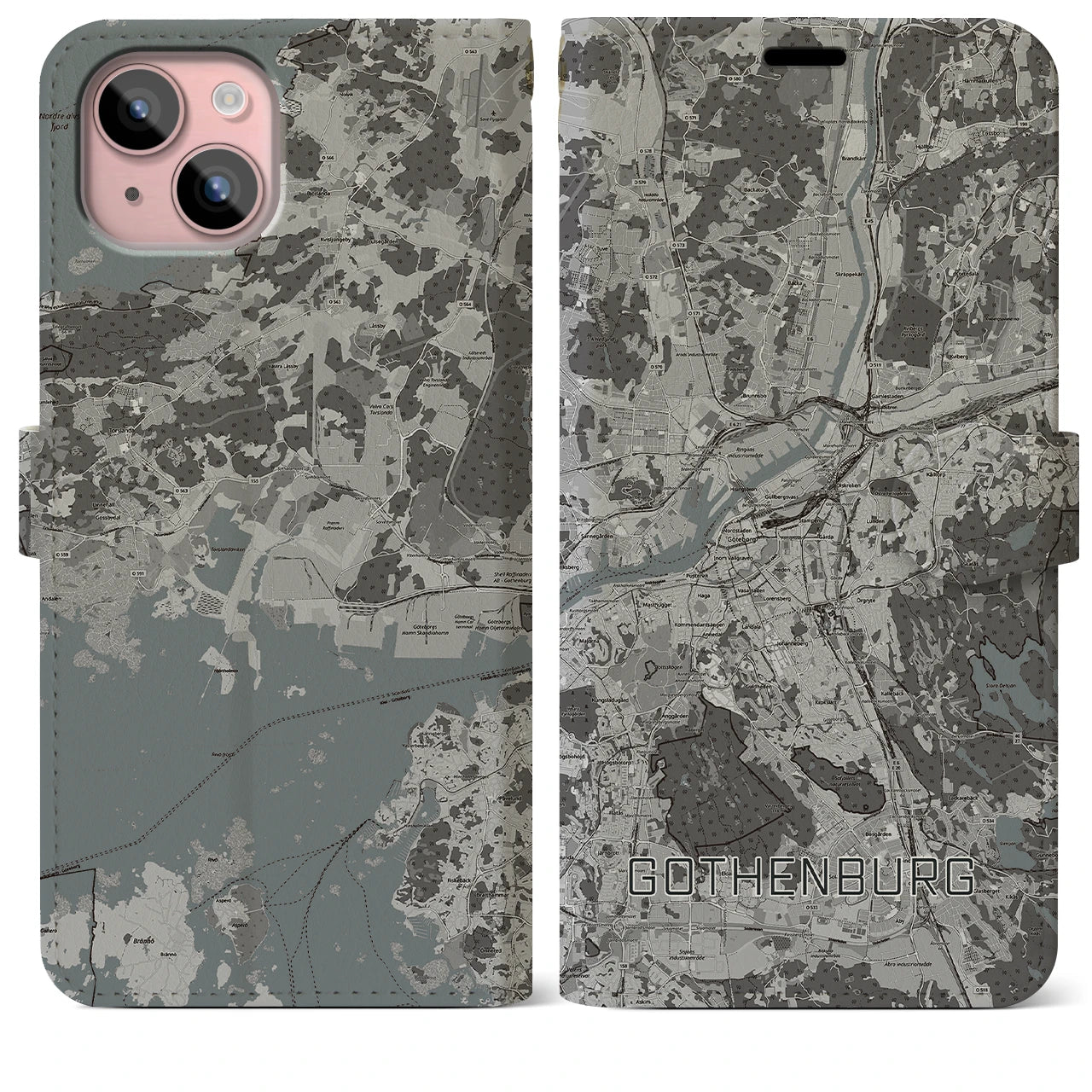 【ヨーテボリ(スウェーデン)】地図柄iPhoneケース(手帳タイプ)モノトーン・iPhone 15 Plus 用
