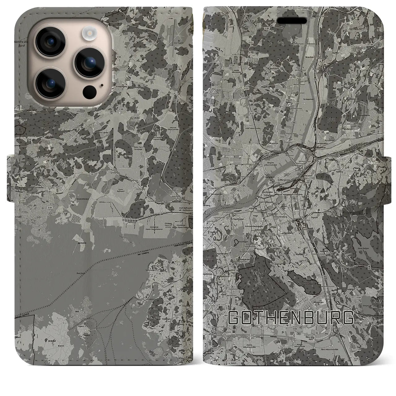 【ヨーテボリ(スウェーデン)】地図柄iPhoneケース(手帳タイプ)モノトーン・iPhone 16 Plus 用