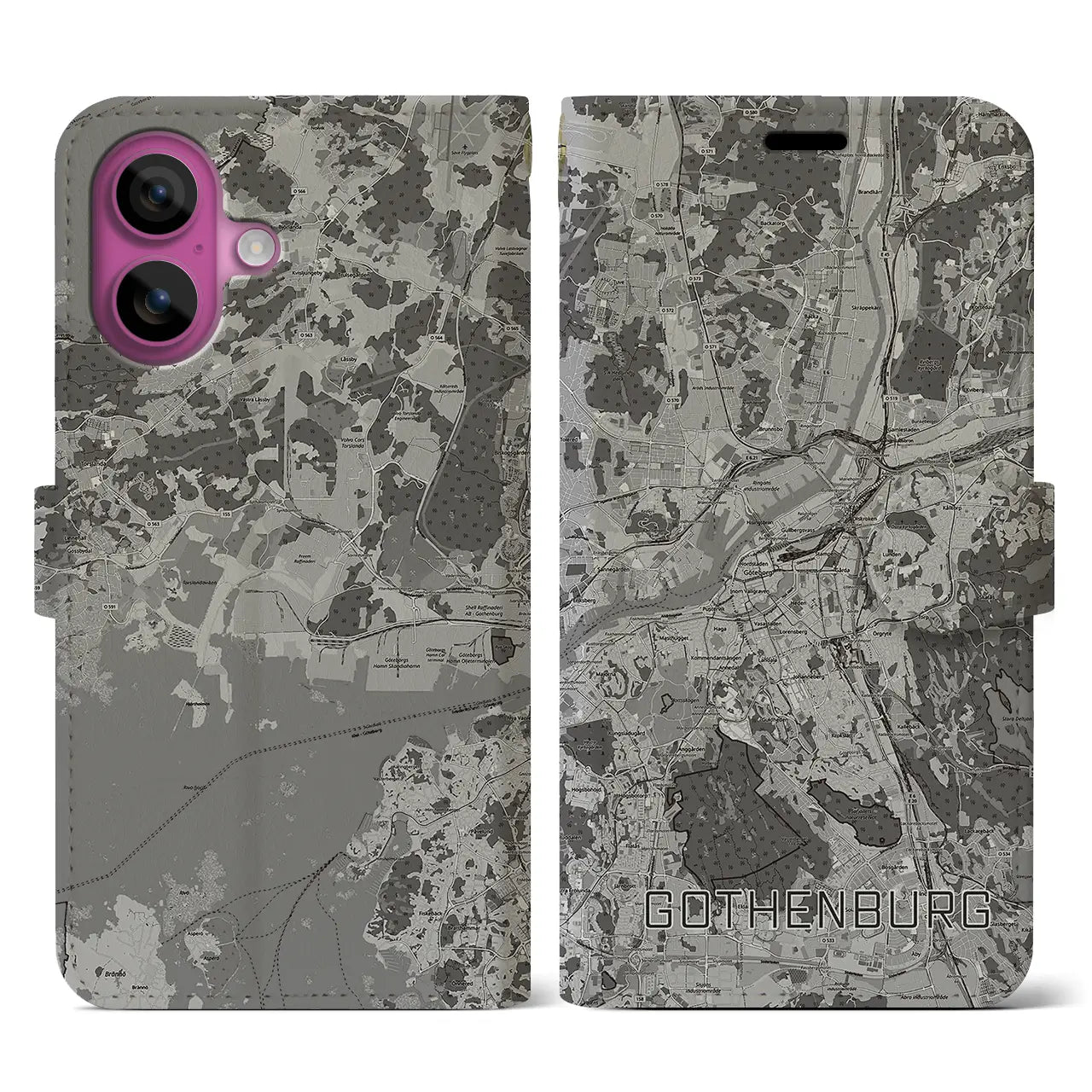 【ヨーテボリ(スウェーデン)】地図柄iPhoneケース(手帳タイプ)モノトーン・iPhone 16 Pro 用