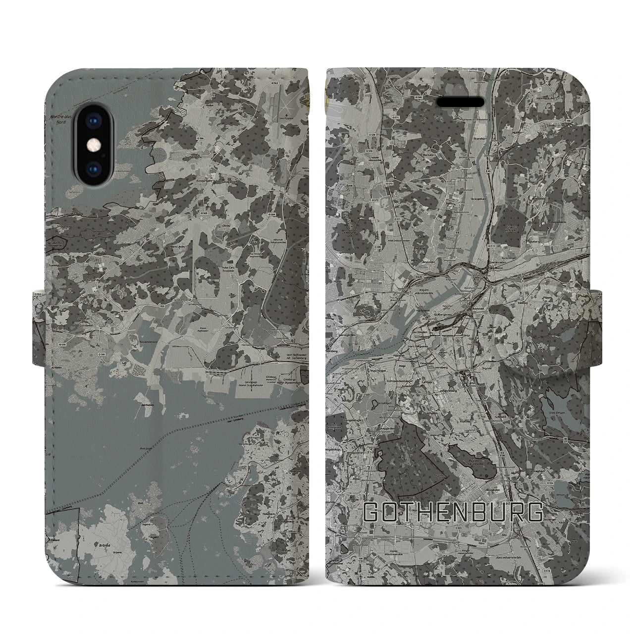 【ヨーテボリ(スウェーデン)】地図柄iPhoneケース(手帳タイプ)モノトーン・iPhone XS / X 用